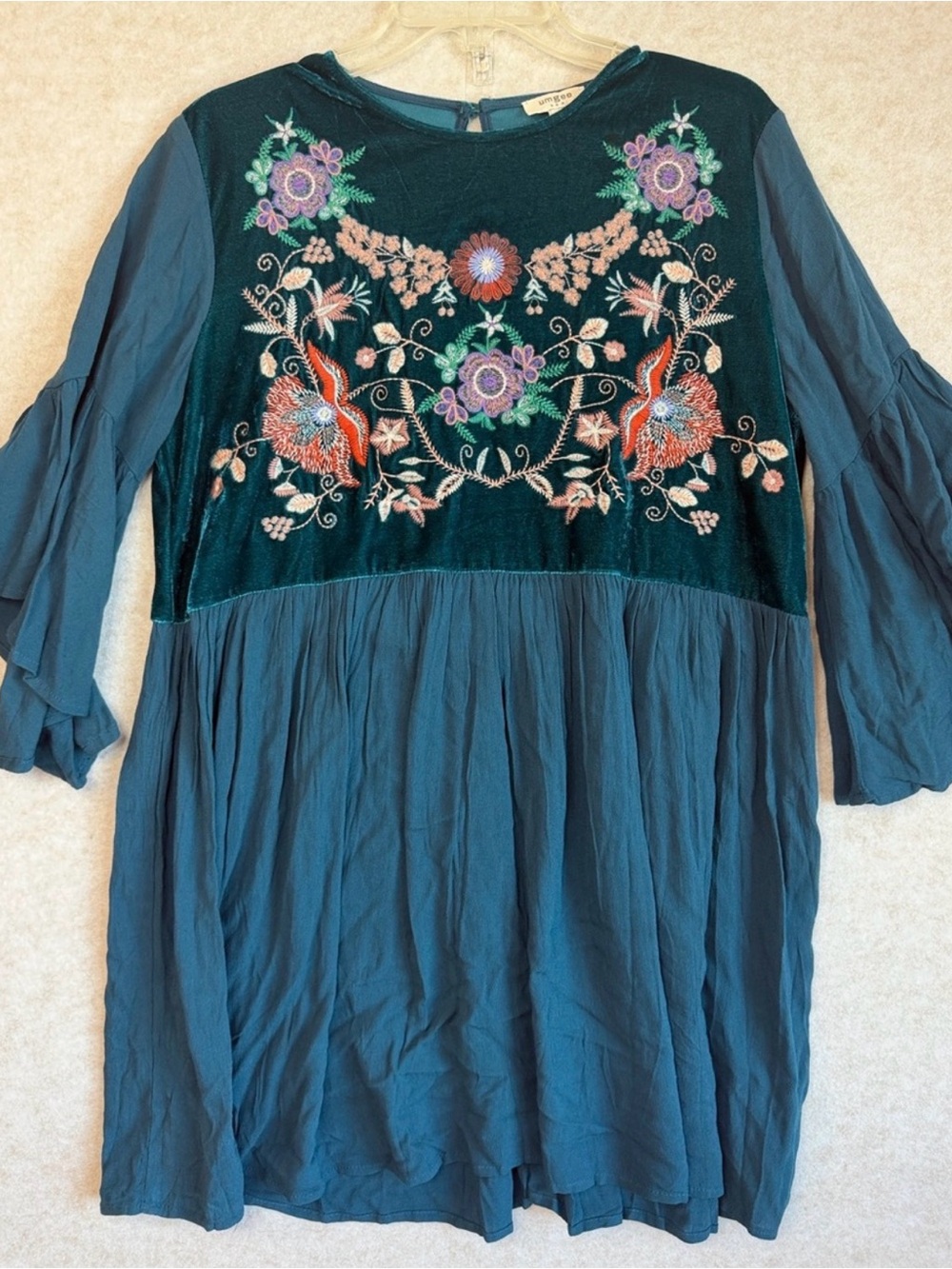 Umgee Teal Velvet Embroidered Boho Tunic large flutter floral fairy hippie dress